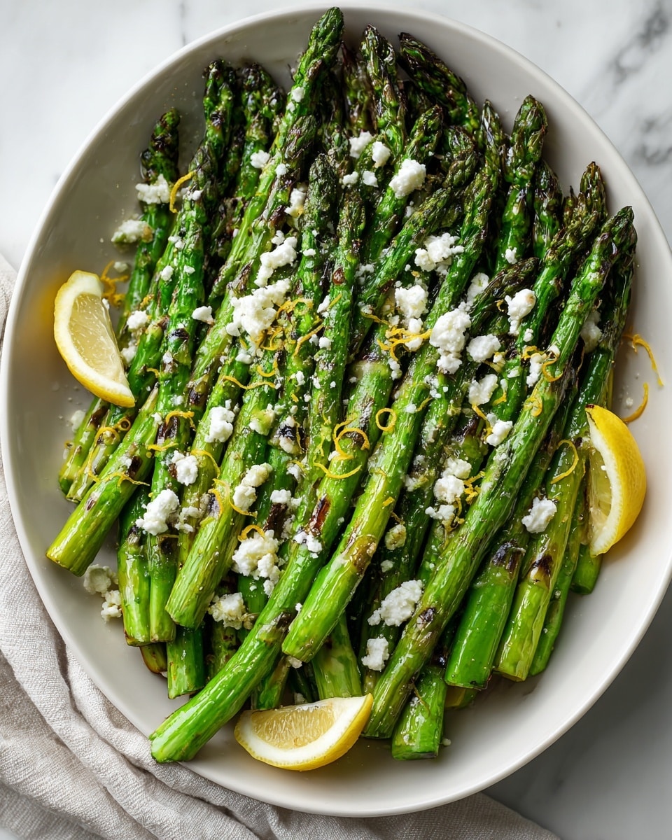 The dish shows a bowl filled with grilled asparagus spears as the main layer, bright green with slight dark char marks, and scattered with small white crumbled cheese pieces on top. Thin yellow lemon zest strands are sprinkled over the asparagus, adding color contrast, while two small lemon wedges rest on the side near the edge of the bowl. The bowl itself is white, set against a white marbled surface with a cloth partially visible nearby. photo taken with an iphone --ar 4:5 --v 7