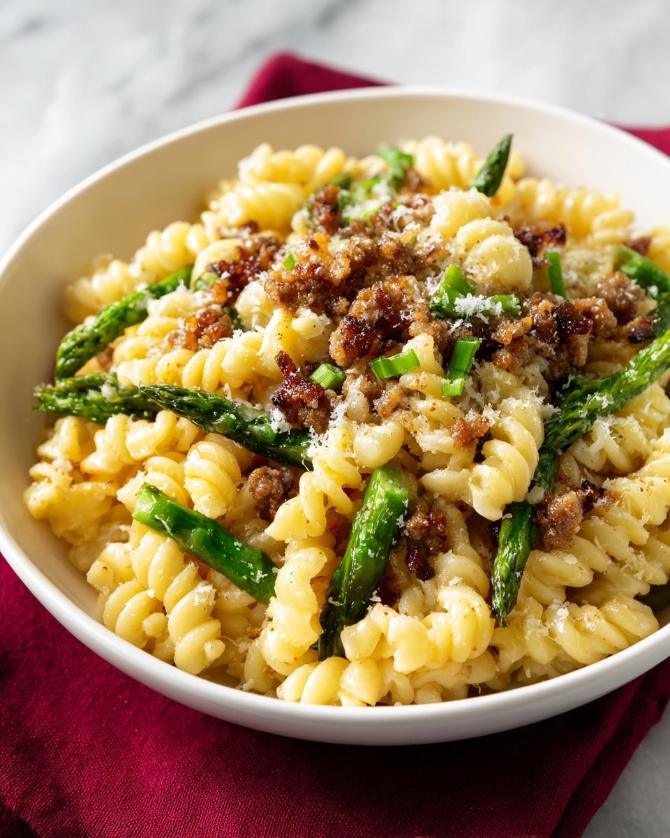 A white bowl filled with a pasta dish showing three main layers: the bottom layer is short, spiral-shaped pasta in a pale yellow color; the middle layer consists of bright green asparagus pieces cut into short segments scattered evenly; the top layer has crumbled browned sausage bits mixed with small white grated cheese sprinkles creating a slightly textured look on top. The dish sits on a white marbled surface with a deep red cloth partially visible under the bowl. photo taken with an iphone --ar 4:5 --v 7