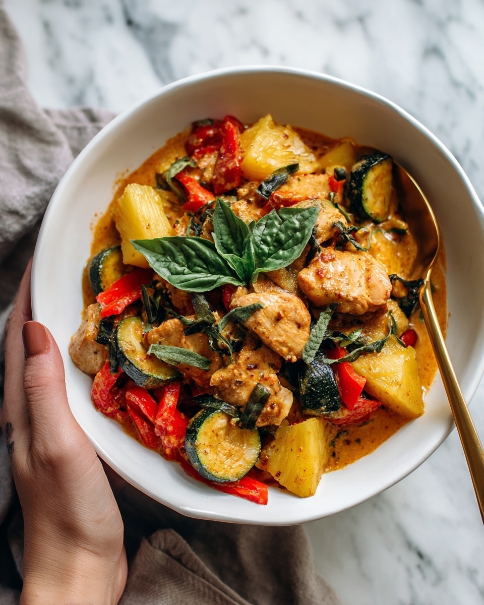 A white bowl filled with a colorful curry dish is shown on a white marbled surface. The dish has several layers: chunks of light golden yellow pineapple, thick pieces of grilled light brown chicken, and slices of dark green zucchini. Bright red bell pepper strips are scattered throughout, adding a pop of color. Fresh green basil leaves sit on top for garnish. A gold spoon rests inside the bowl, with a woman's hand gently holding the bowl from the side. The overall look is vibrant and fresh, with a mix of smooth and chunky textures. Photo taken with an iphone --ar 4:5 --v 7