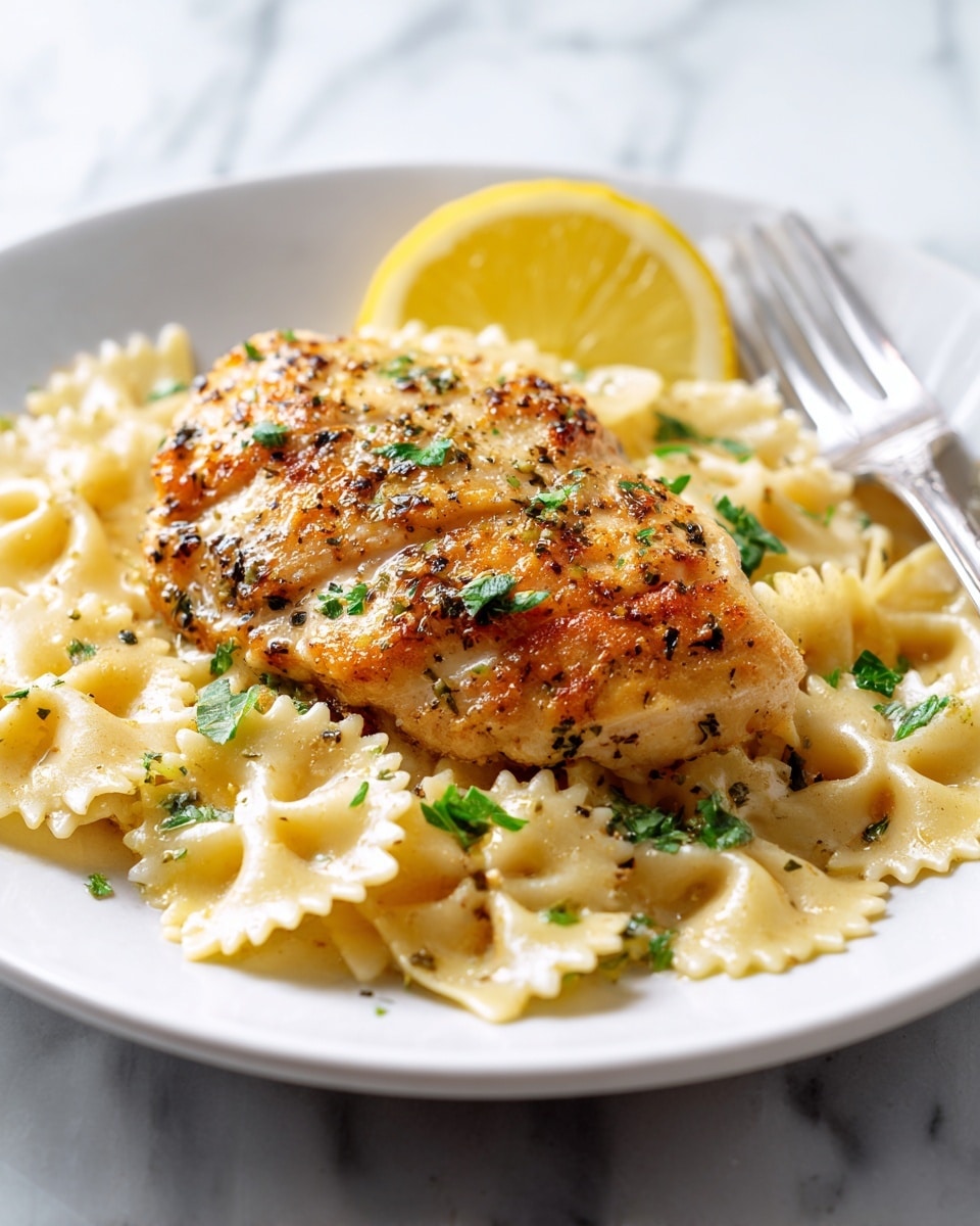 A white plate with a layer of bowtie pasta coated in a light sauce, topped with a golden-brown, crispy piece of cooked chicken breast seasoned with herbs. The chicken has small green parsley leaves sprinkled on top, and a lemon slice is placed at the back edge of the plate near a silver fork. The background is a white marbled texture. Photo taken with an iphone --ar 4:5 --v 7