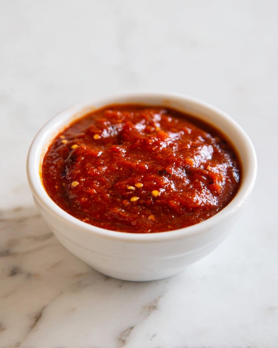 The image shows a close-up of a white bowl filled with thick red sauce that looks smooth but has some small seeds and spices visible on top. The sauce has a rich, deep red color with a slightly oily surface that reflects light softly, giving it a fresh and spicy appearance. The bowl sits on a white marbled surface, creating a clean and simple background that highlights the vivid color of the sauce. photo taken with an iphone --ar 4:5 --v 7